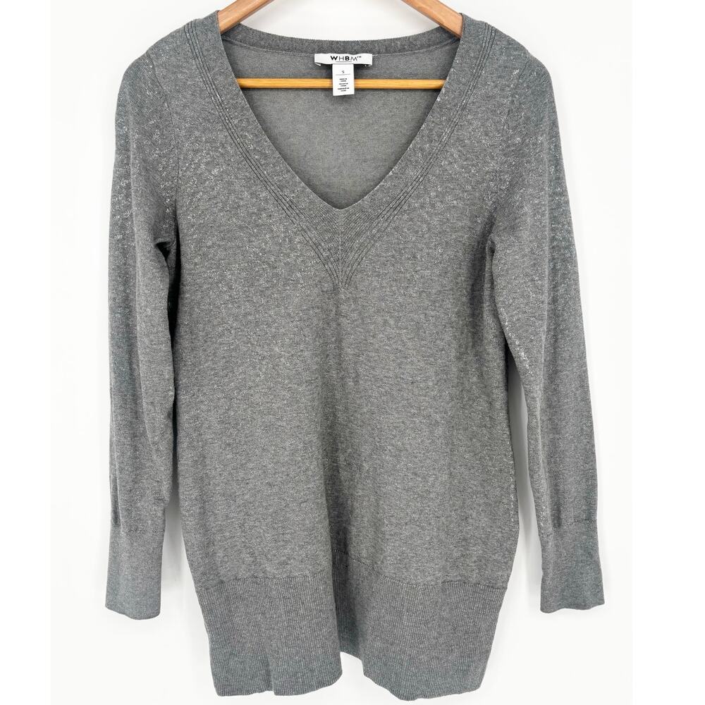 White House Black Market Gray Metallic Print V-Neck Pullover Sweater Size S